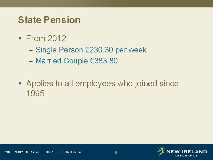 State Pension § From 2012 – Single Person € 230. 30 per week –