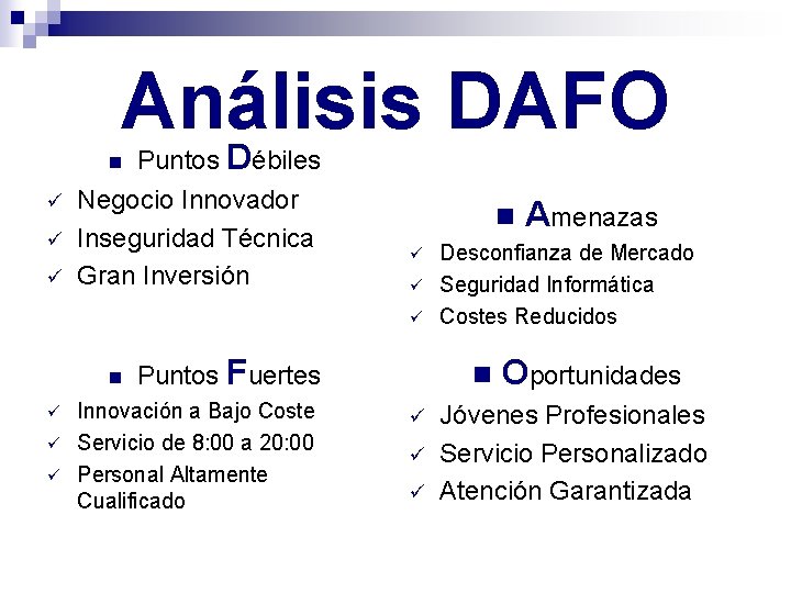 Análisis DAFO n ü ü ü Puntos Débiles Negocio Innovador Inseguridad Técnica Gran Inversión