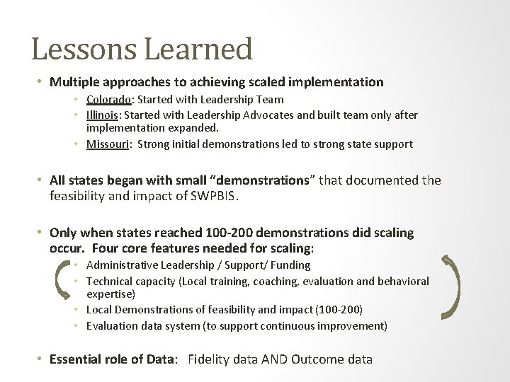 Lessons Learned • Multiple approaches to achieving scaled implementation • Colorado: Started with Leadership