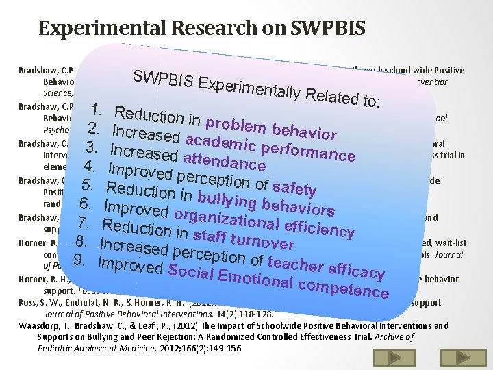 Experimental Research on SWPBIS Bradshaw, C. P. , Koth, C. W. , Thornton, L.