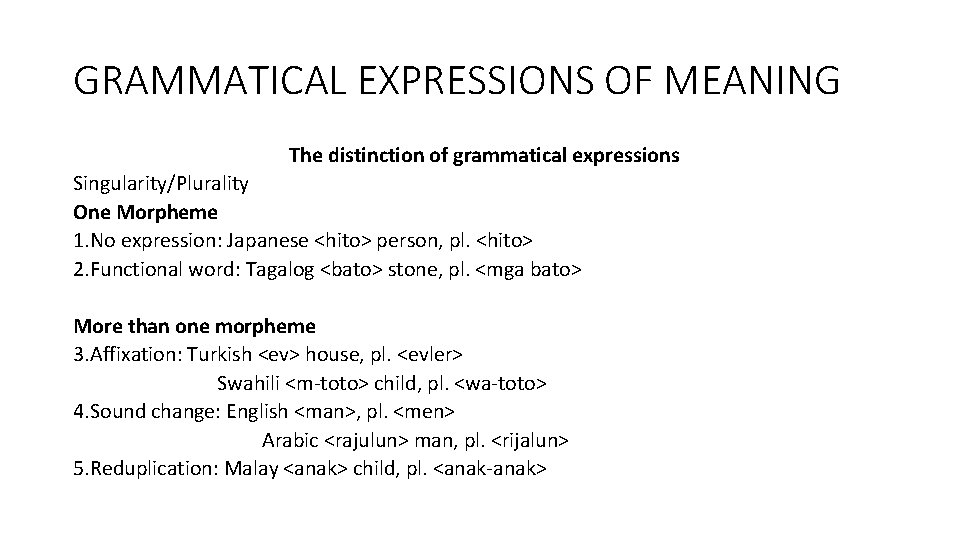 GRAMMATICAL EXPRESSIONS OF MEANING The distinction of grammatical expressions Singularity/Plurality One Morpheme 1. No