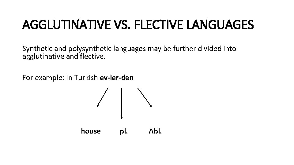AGGLUTINATIVE VS. FLECTIVE LANGUAGES Synthetic and polysynthetic languages may be further divided into agglutinative