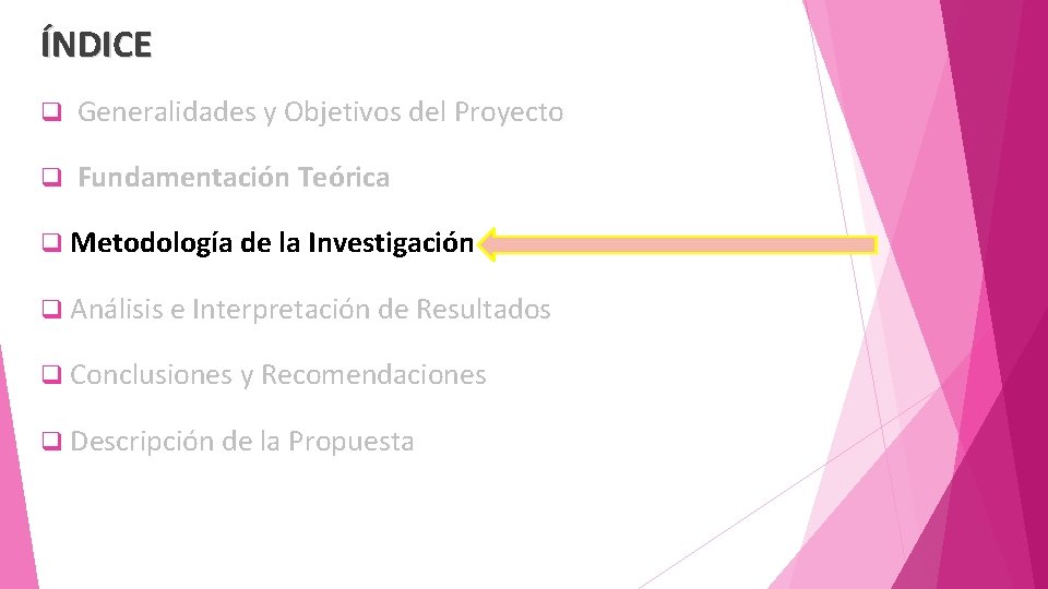 ÍNDICE q Generalidades y Objetivos del Proyecto q Fundamentación Teórica q Metodología de la