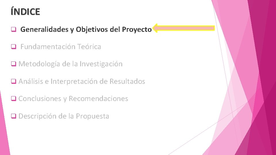 ÍNDICE q Generalidades y Objetivos del Proyecto q Fundamentación Teórica q Metodología de la