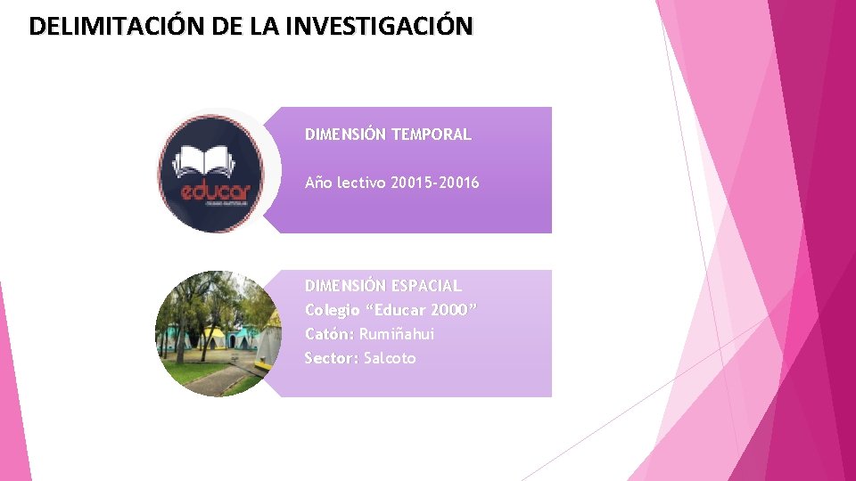 DELIMITACIÓN DE LA INVESTIGACIÓN DIMENSIÓN TEMPORAL Año lectivo 20015 -20016 DIMENSIÓN ESPACIAL Colegio “Educar