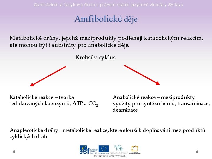 Gymnázium a Jazyková škola s právem státní jazykové zkoušky Svitavy Amfibolické děje Metabolické dráhy,