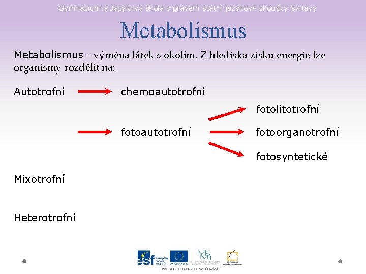 Gymnázium a Jazyková škola s právem státní jazykové zkoušky Svitavy Metabolismus – výměna látek