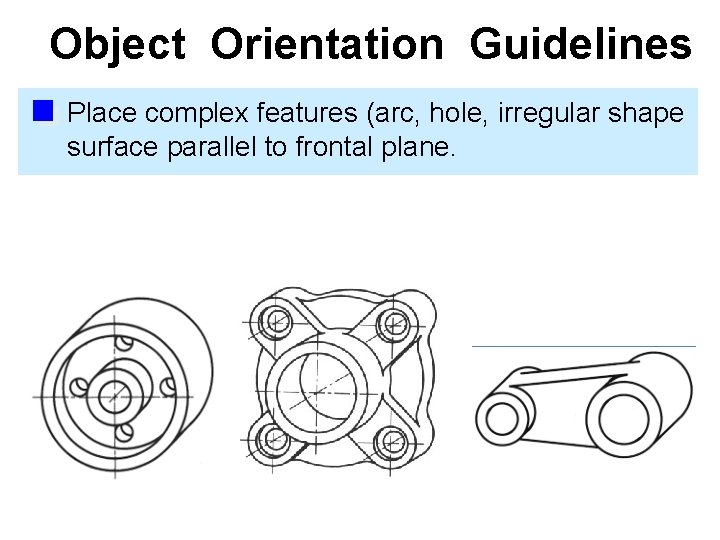 Object Orientation Guidelines Place complex features (arc, hole, irregular shape surface parallel to frontal