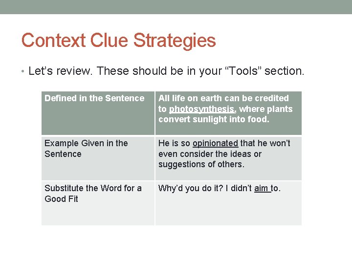 Context Clue Strategies • Let’s review. These should be in your “Tools” section. Defined