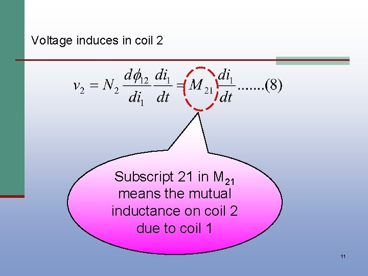 Voltage induces in coil 2 Subscript 21 in M 21 means the mutual inductance