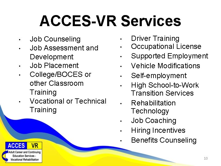 ACCES-VR Services • • • Job Counseling Job Assessment and Development Job Placement College/BOCES