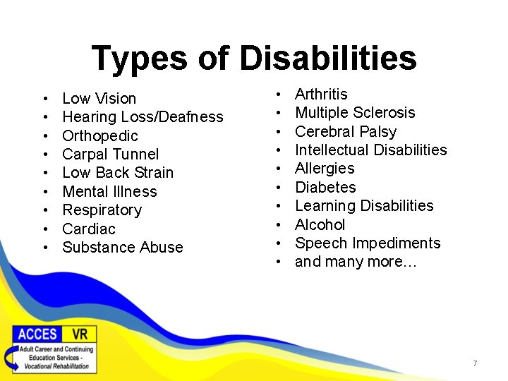 Types of Disabilities • • • Low Vision Hearing Loss/Deafness Orthopedic Carpal Tunnel Low