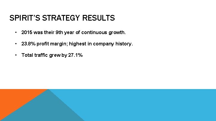 SPIRIT’S STRATEGY RESULTS • 2015 was their 9 th year of continuous growth. •