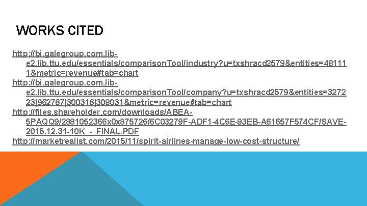 WORKS CITED http: //bi. galegroup. com. libe 2. lib. ttu. edu/essentials/comparison. Tool/industry? u=txshracd 2579&entities=48111