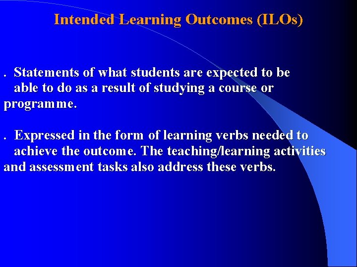 Intended Learning Outcomes (ILOs). Statements of what students are expected to be able to