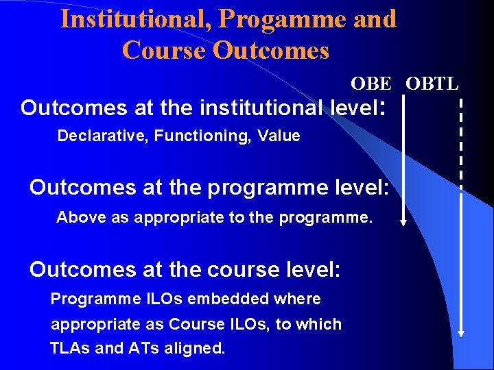 Institutional, Progamme and Course Outcomes OBE OBTL Outcomes at the institutional level: Declarative, Functioning,