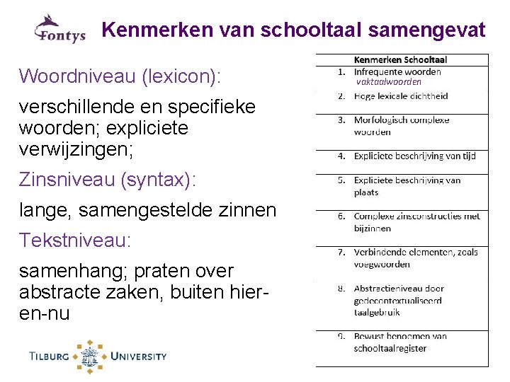 Kenmerken van schooltaal samengevat Woordniveau (lexicon): verschillende en specifieke woorden; expliciete verwijzingen; Zinsniveau (syntax):