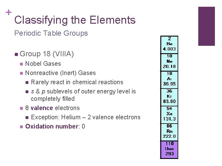 + Classifying the Elements Periodic Table Groups n Group 18 (VIIIA) n Nobel Gases
