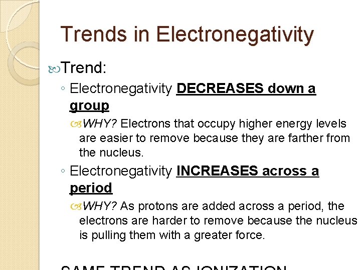 Trends in Electronegativity Trend: ◦ Electronegativity DECREASES down a group WHY? Electrons that occupy