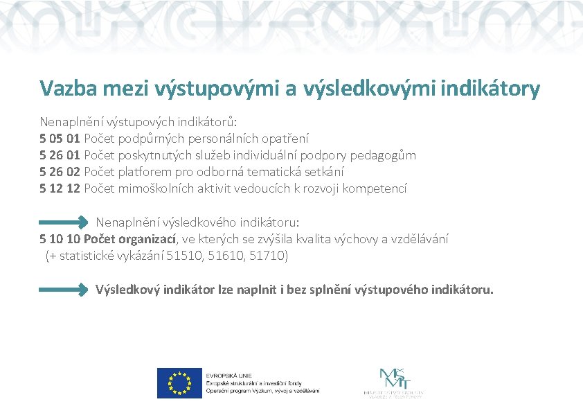 Vazba mezi výstupovými a výsledkovými indikátory Nenaplnění výstupových indikátorů: 5 05 01 Počet podpůrných