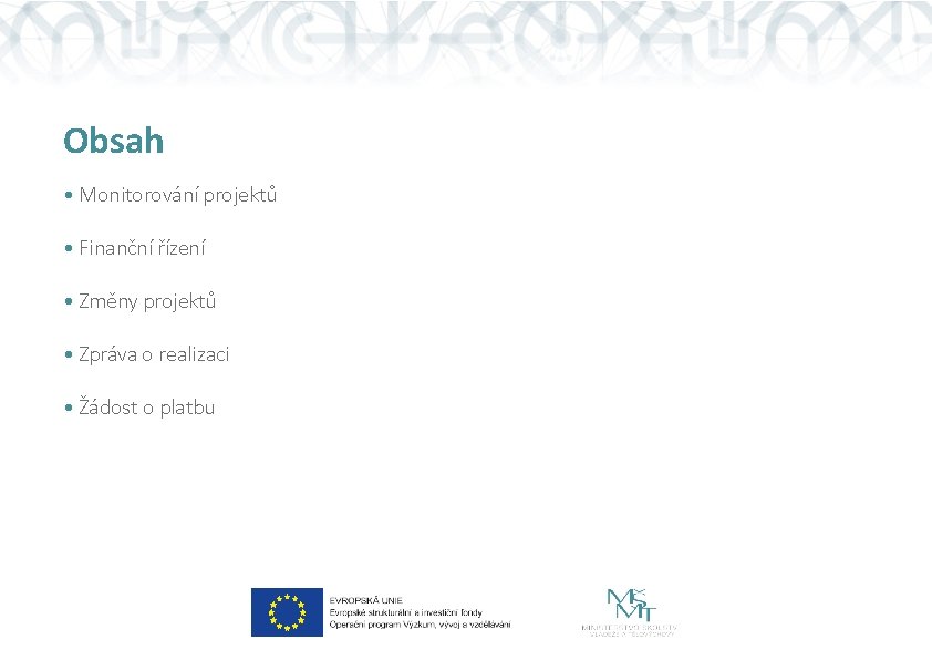 Obsah • Monitorování projektů • Finanční řízení • Změny projektů • Zpráva o realizaci