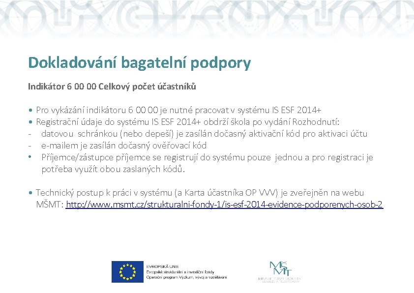 Dokladování bagatelní podpory Indikátor 6 00 00 Celkový počet účastníků • Pro vykázání indikátoru