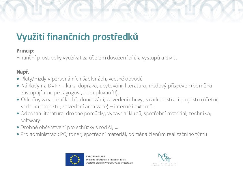 Využití finančních prostředků Princip: Finanční prostředky využívat za účelem dosažení cílů a výstupů aktivit.