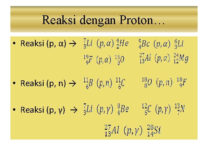 Reaksi dengan Proton… • Reaksi (p, α) → • Reaksi (p, n) → •