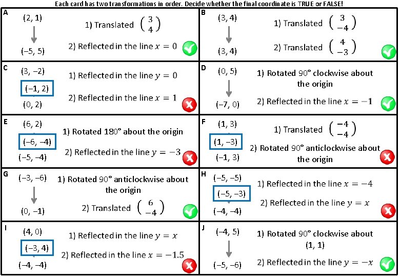 A Each card has two transformations in order. Decide whether the final coordinate is