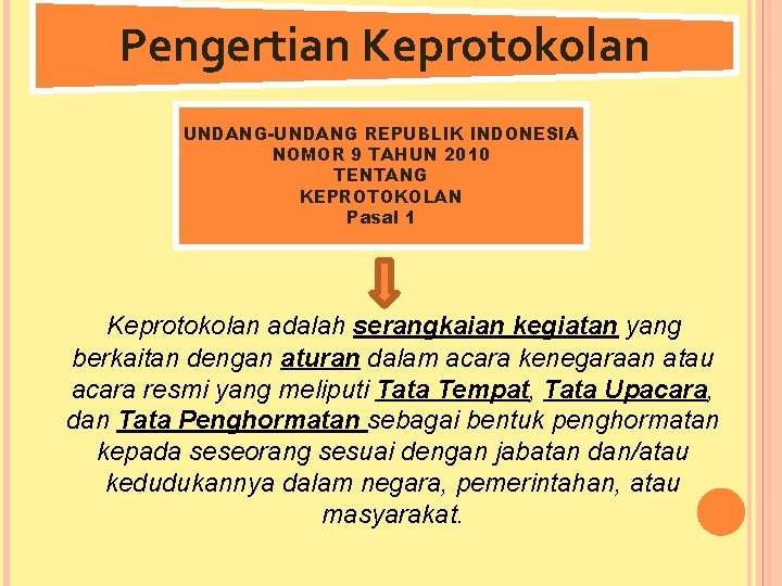 Pengertian Keprotokolan UNDANG-UNDANG REPUBLIK INDONESIA NOMOR 9 TAHUN 2010 TENTANG KEPROTOKOLAN Pasal 1 Keprotokolan