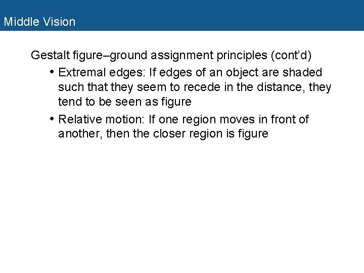 Middle Vision Gestalt figure–ground assignment principles (cont’d) • Extremal edges: If edges of an