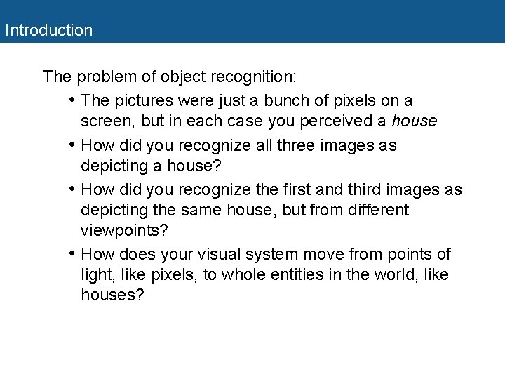 Introduction The problem of object recognition: • The pictures were just a bunch of