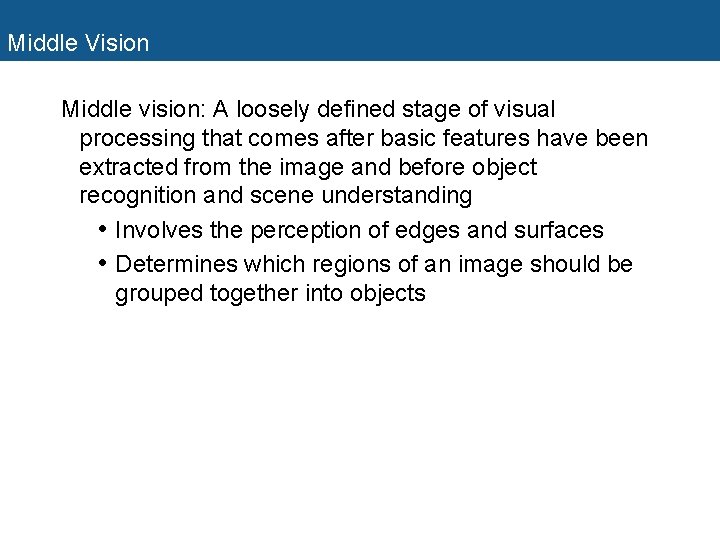 Middle Vision Middle vision: A loosely defined stage of visual processing that comes after