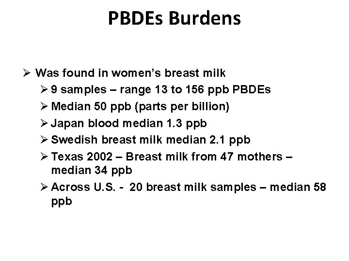 PBDEs Burdens Ø Was found in women’s breast milk Ø 9 samples – range