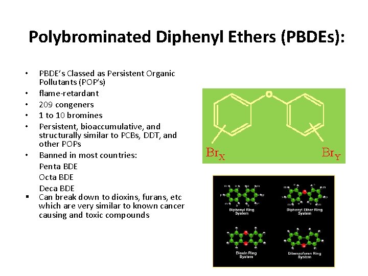 Polybrominated Diphenyl Ethers (PBDEs): • • • § PBDE’s Classed as Persistent Organic Pollutants