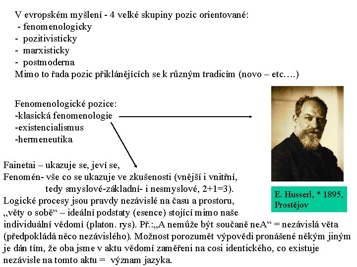 V evropském myšlení - 4 velké skupiny pozic orientované: - fenomenologicky - pozitivisticky -