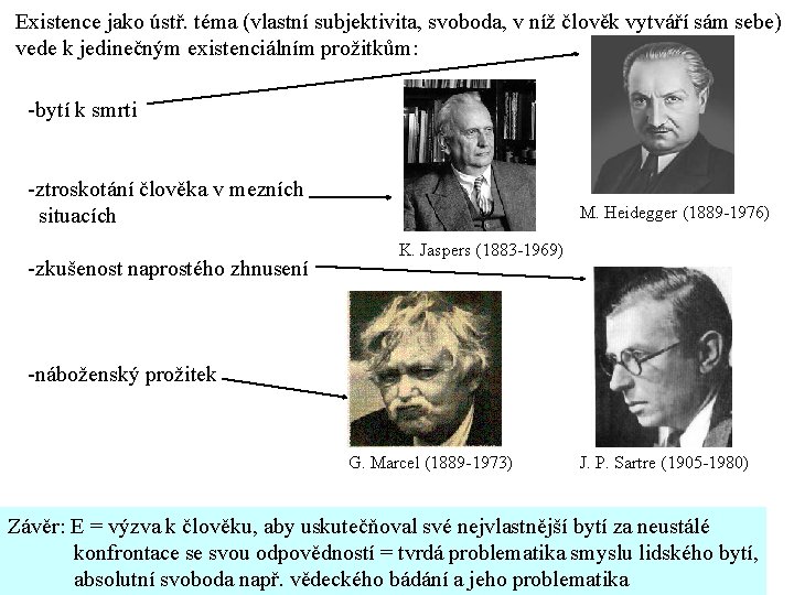 Existence jako ústř. téma (vlastní subjektivita, svoboda, v níž člověk vytváří sám sebe) vede