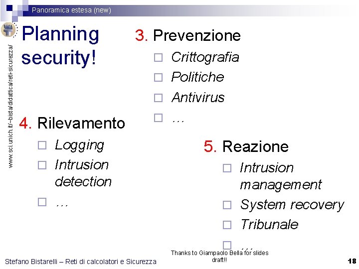 www. sci. unich. it/~bista/didattica/reti-sicurezza/ Panoramica estesa (new) Planning security! 4. Rilevamento 3. Prevenzione Crittografia