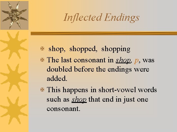 Inflected Endings X shop, shopped, shopping X The last consonant in shop, p, was