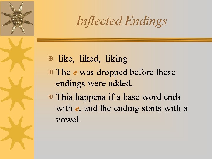 Inflected Endings X like, liked, liking X The e was dropped before these endings