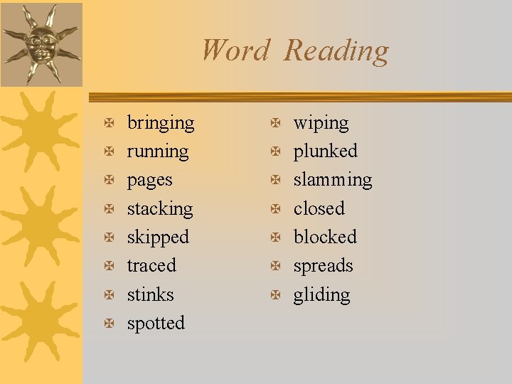 Word Reading X bringing X wiping X running X plunked X pages X slamming