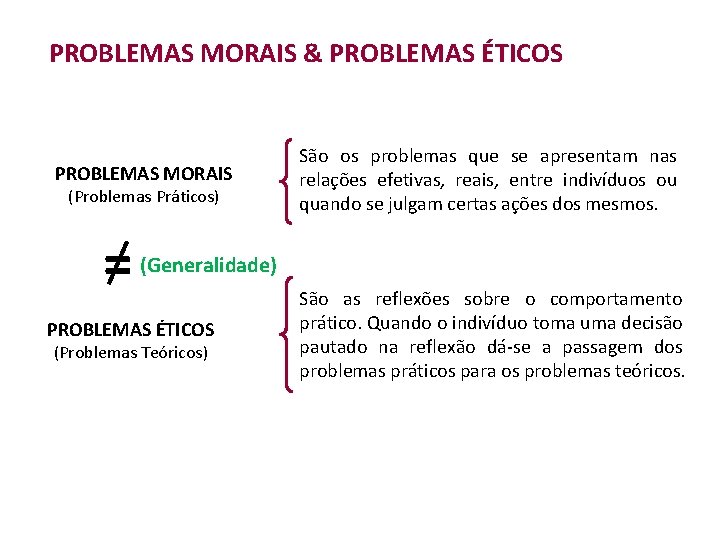 PROBLEMAS MORAIS & PROBLEMAS ÉTICOS PROBLEMAS MORAIS (Problemas Práticos) = São os problemas que