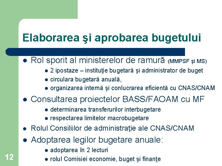 Elaborarea şi aprobarea bugetului l Rol sporit al ministerelor de ramură (MMPSF şi MS)