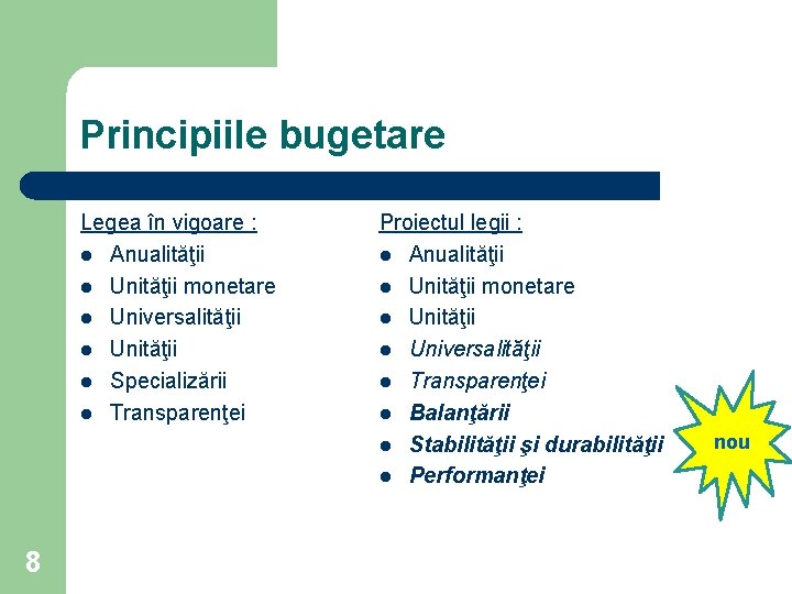 Principiile bugetare Legea în vigoare : l Anualităţii l Unităţii monetare l Universalităţii l