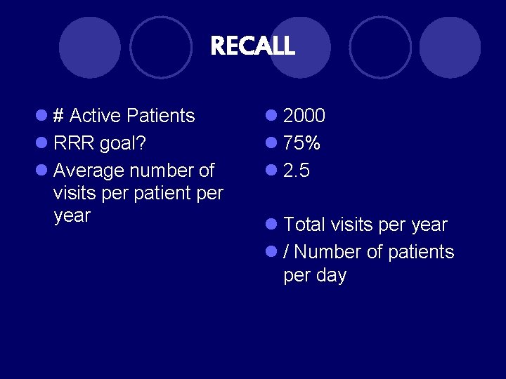 RECALL l # Active Patients l RRR goal? l Average number of visits per