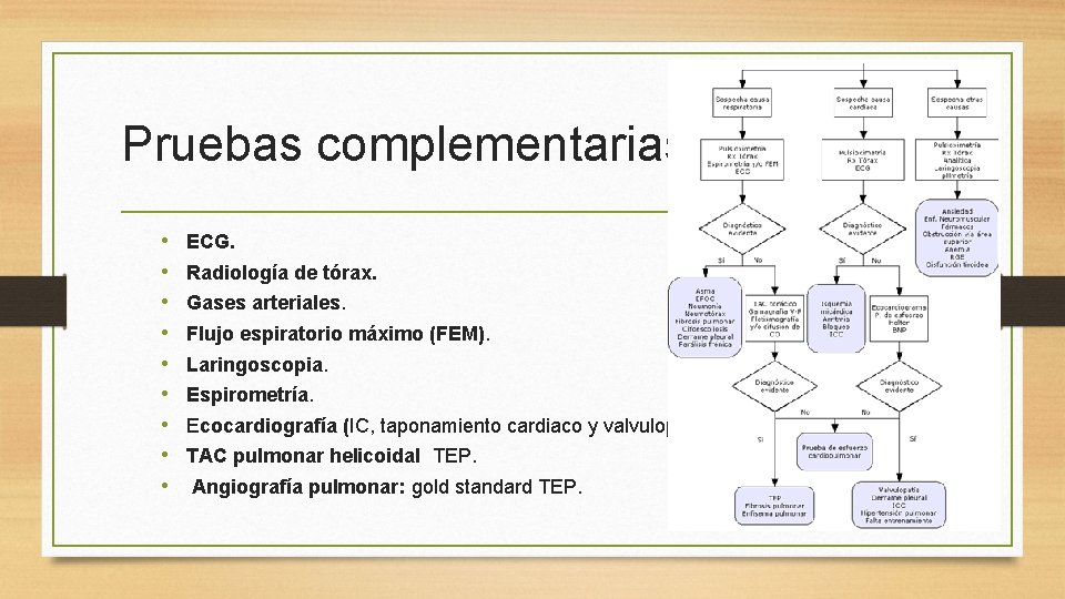 Pruebas complementarias • • • ECG. Radiología de tórax. Gases arteriales. Flujo espiratorio máximo