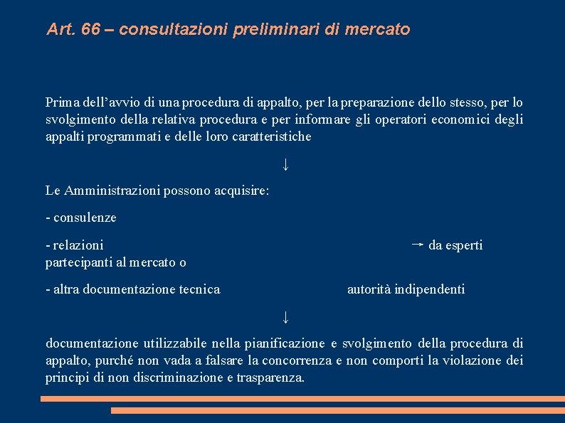 Art. 66 – consultazioni preliminari di mercato Prima dell’avvio di una procedura di appalto,