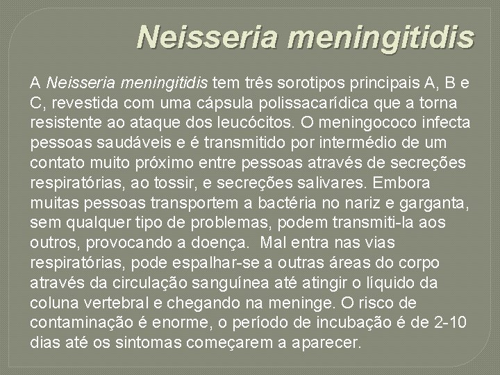 Neisseria meningitidis A Neisseria meningitidis tem três sorotipos principais A, B e C, revestida