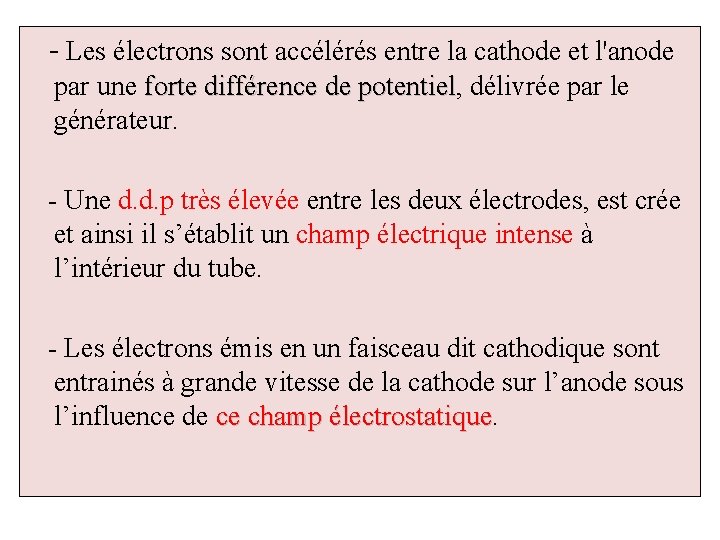 - Les électrons sont accélérés entre la cathode et l'anode par une forte différence