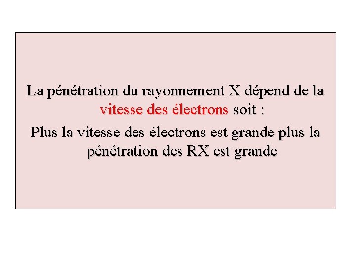 La pénétration du rayonnement X dépend de la vitesse des électrons soit : Plus